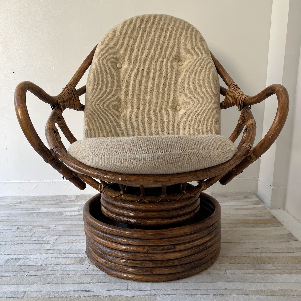 Fort Smith Chair Co. Vintage Paul Frankl Style Bamboo and Rattan Swivel Chair and Ottoman