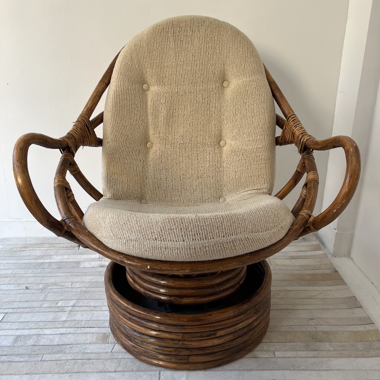 Fort Smith Chair Co. Vintage Paul Frankl Style Bamboo and Rattan Swivel Chair and Ottoman