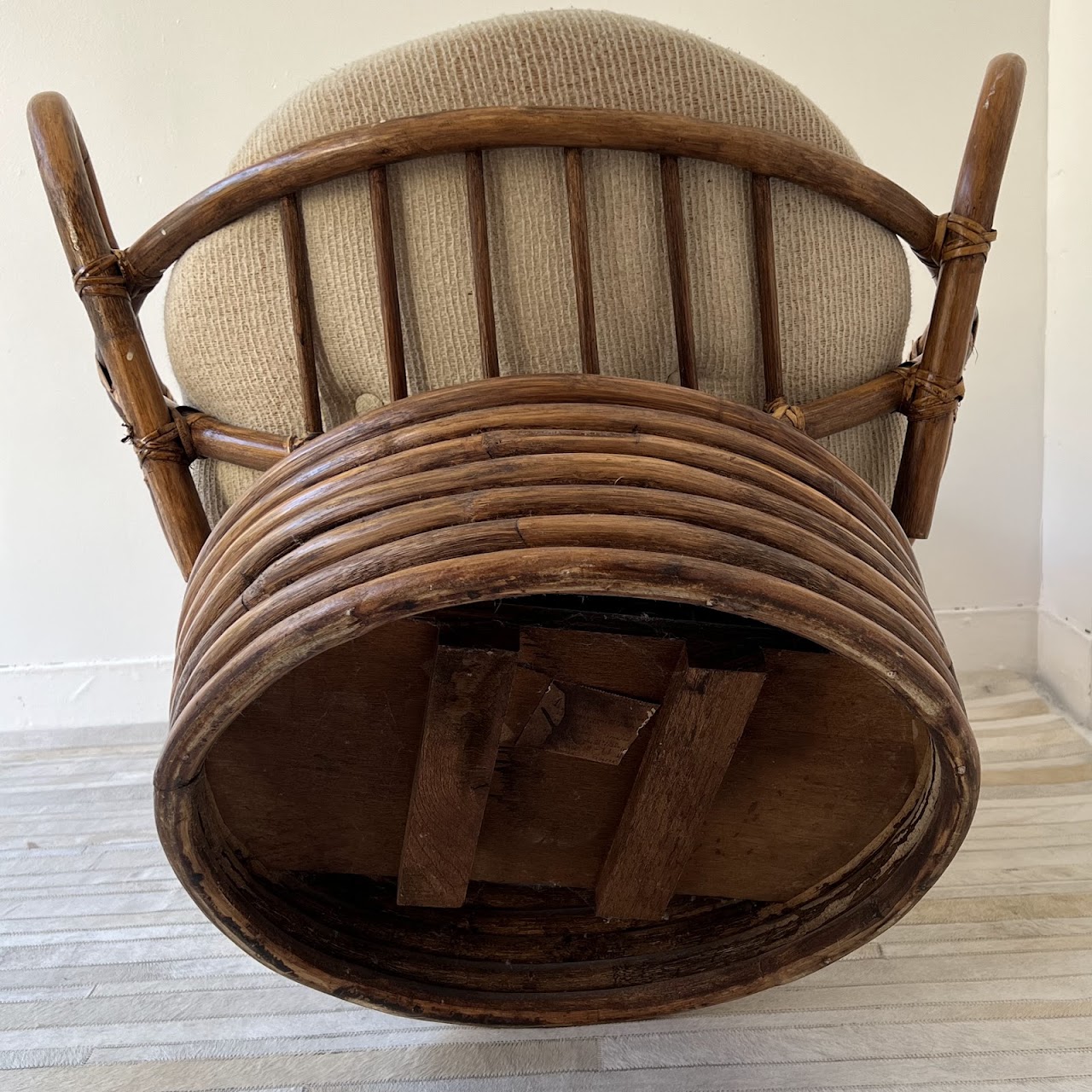 Fort Smith Chair Co. Vintage Paul Frankl Style Bamboo and Rattan Swivel Chair and Ottoman