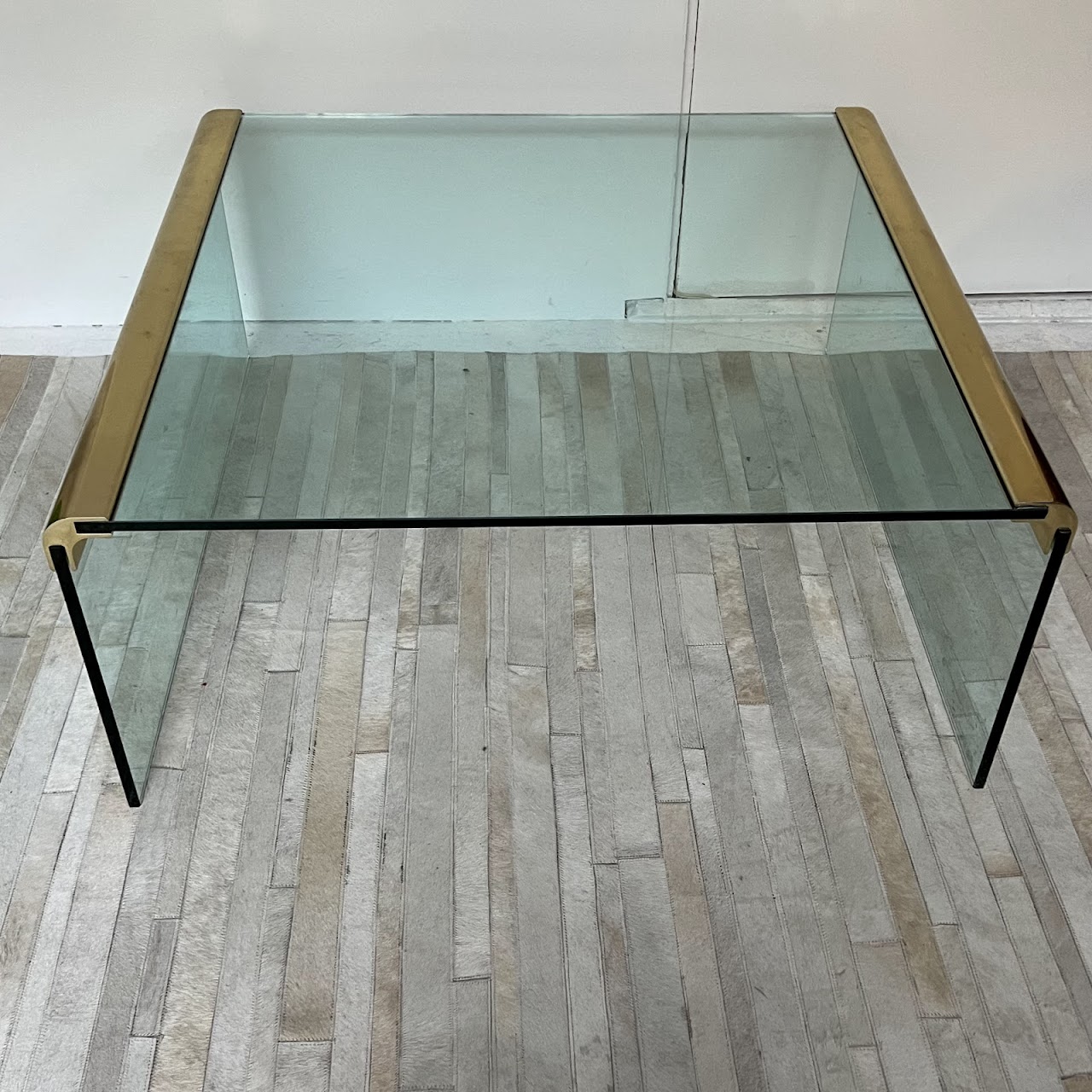 Leon Rosen for Pace Collection Style 1970s Glass and Brass Waterfall Cocktail Table