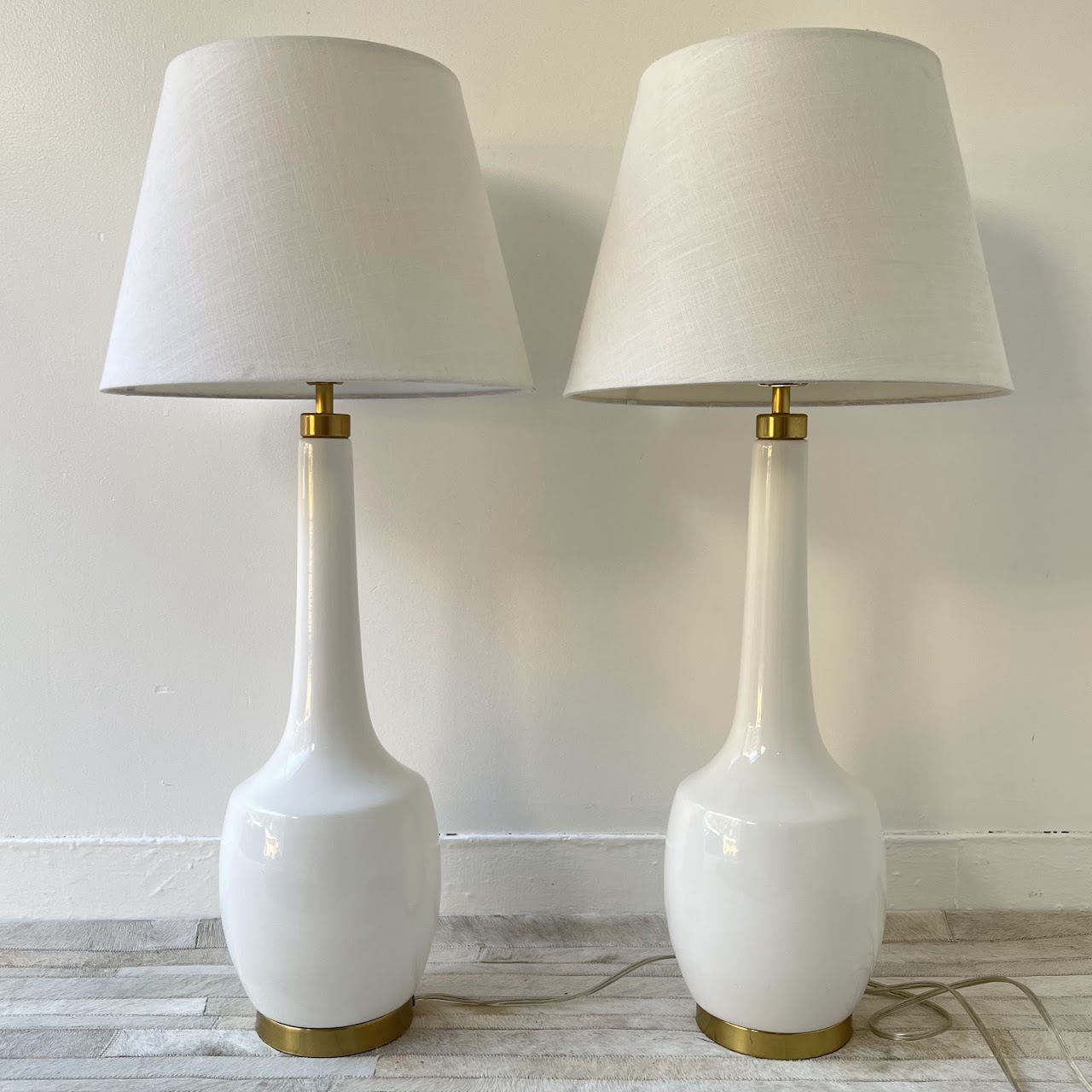 Contemporary White Ceramic and Brushed Gold Table Lamp Pair