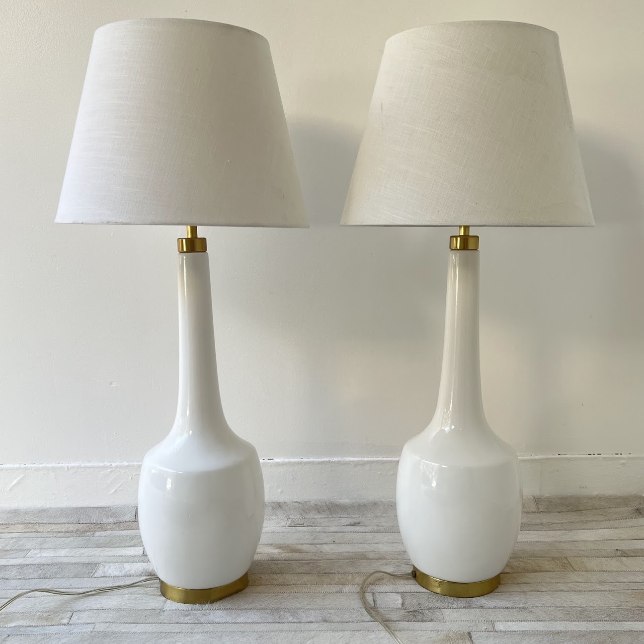 Contemporary White Ceramic and Brushed Gold Table Lamp Pair