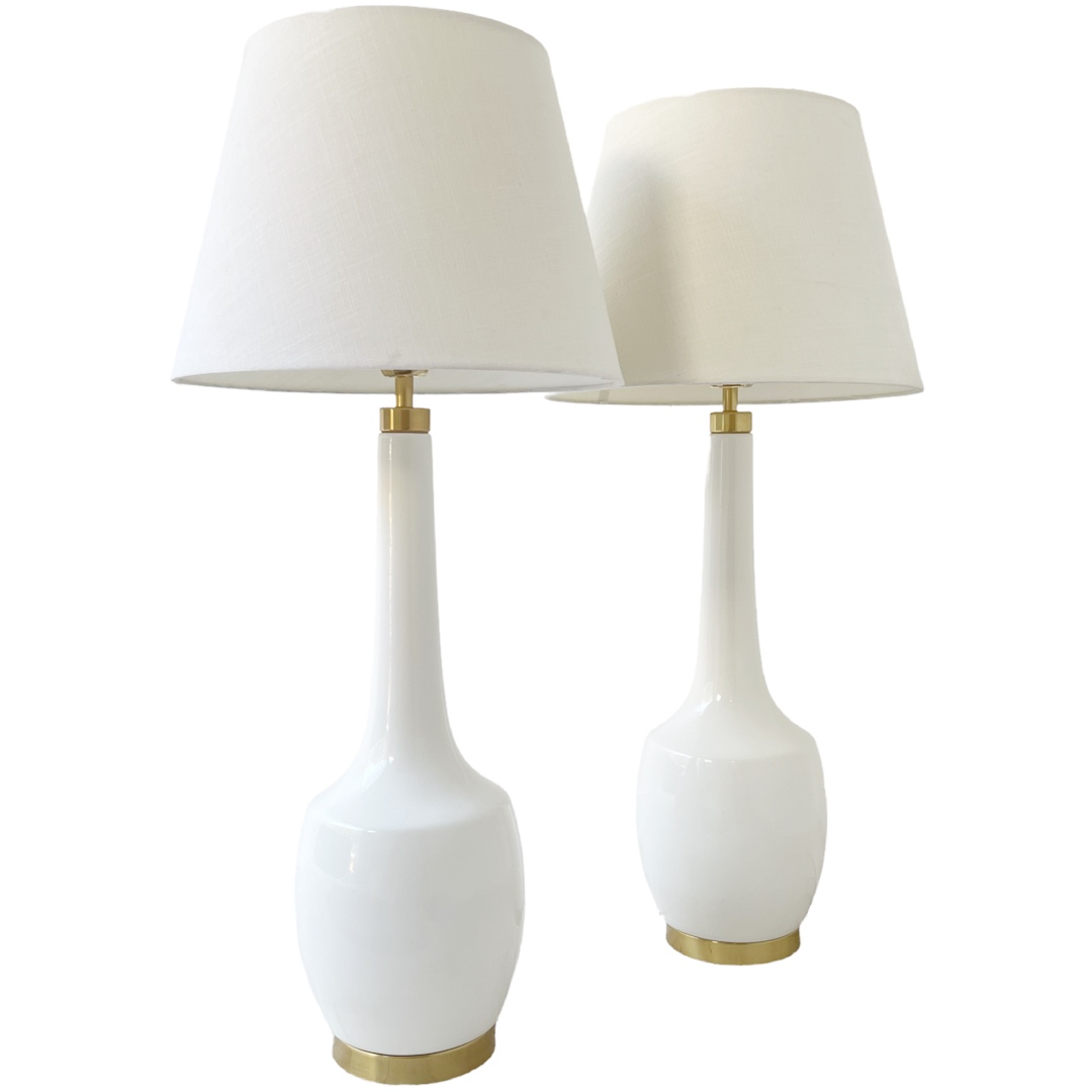 Contemporary White Ceramic and Brushed Gold Table Lamp Pair