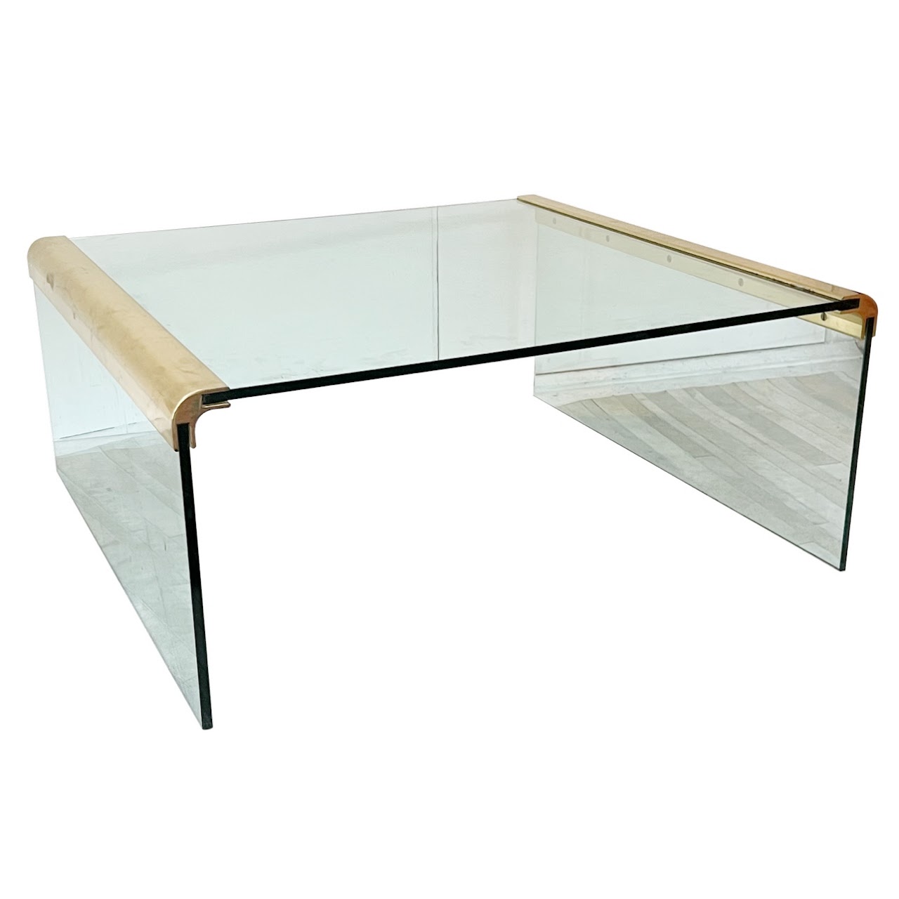 Leon Rosen for Pace Collection Style 1970s Glass and Brass Waterfall Cocktail Table