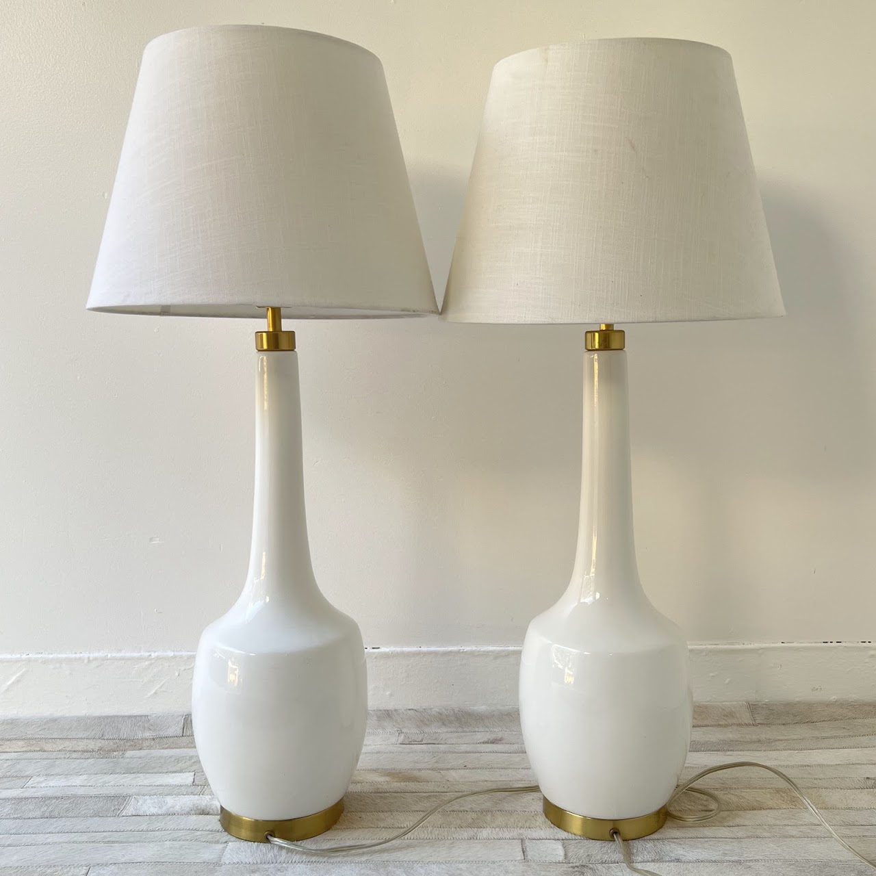 Contemporary White Ceramic and Brushed Gold Table Lamp Pair