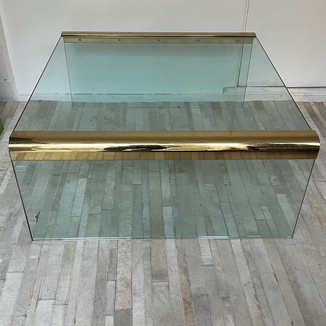 Leon Rosen for Pace Collection Style 1970s Glass and Brass Waterfall Cocktail Table