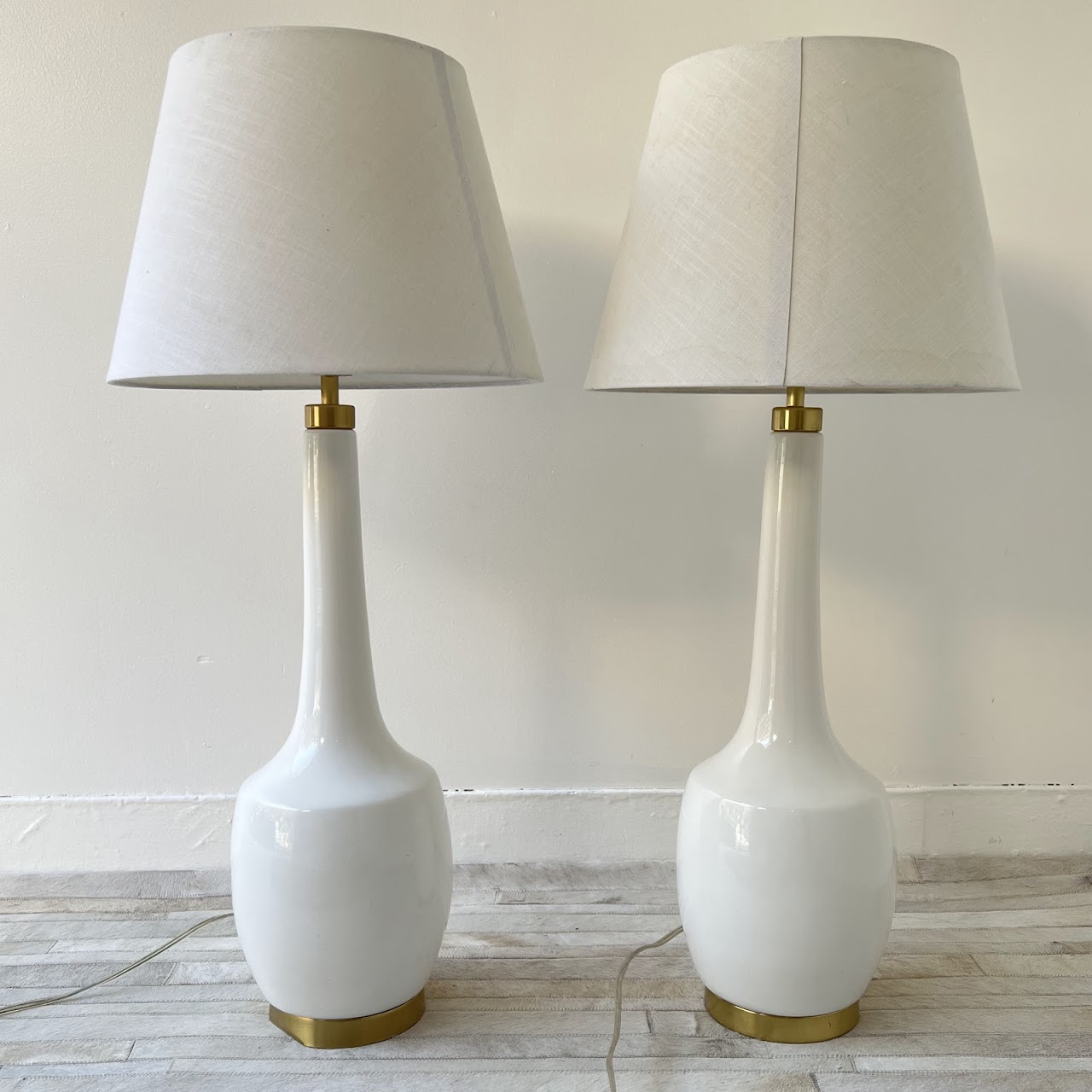 Contemporary White Ceramic and Brushed Gold Table Lamp Pair