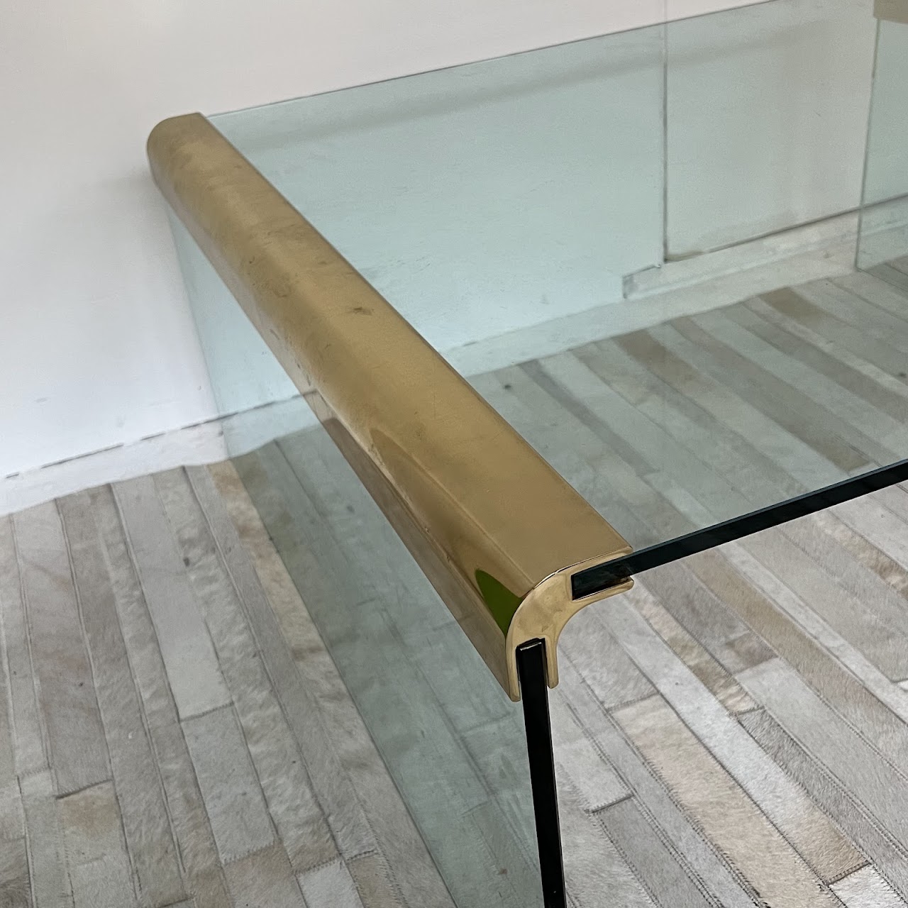 Leon Rosen for Pace Collection Style 1970s Glass and Brass Waterfall Cocktail Table