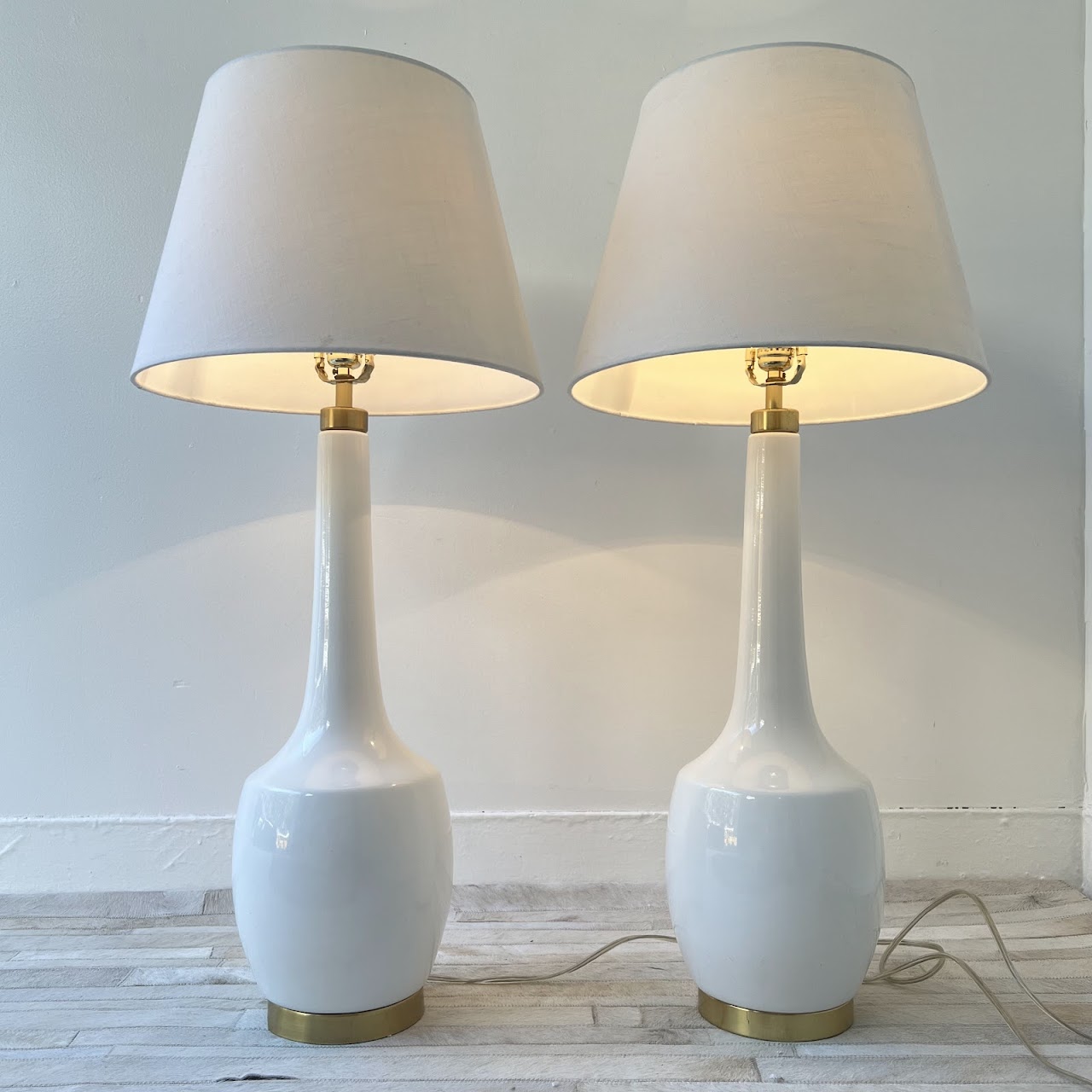 Contemporary White Ceramic and Brushed Gold Table Lamp Pair