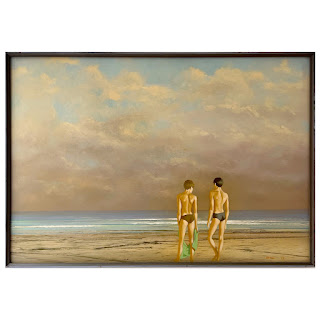 Robert R. Blisss 'Two Boys on Beach' Signed Oil Painting, 1968