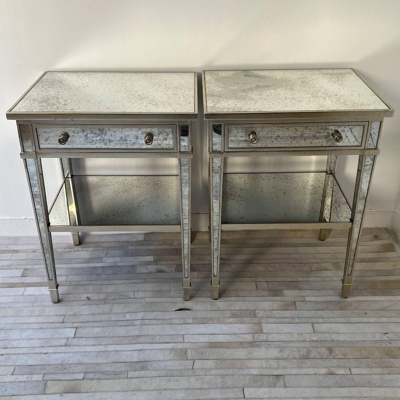 Julia Gray Antiqued Mirrored End Table Pair