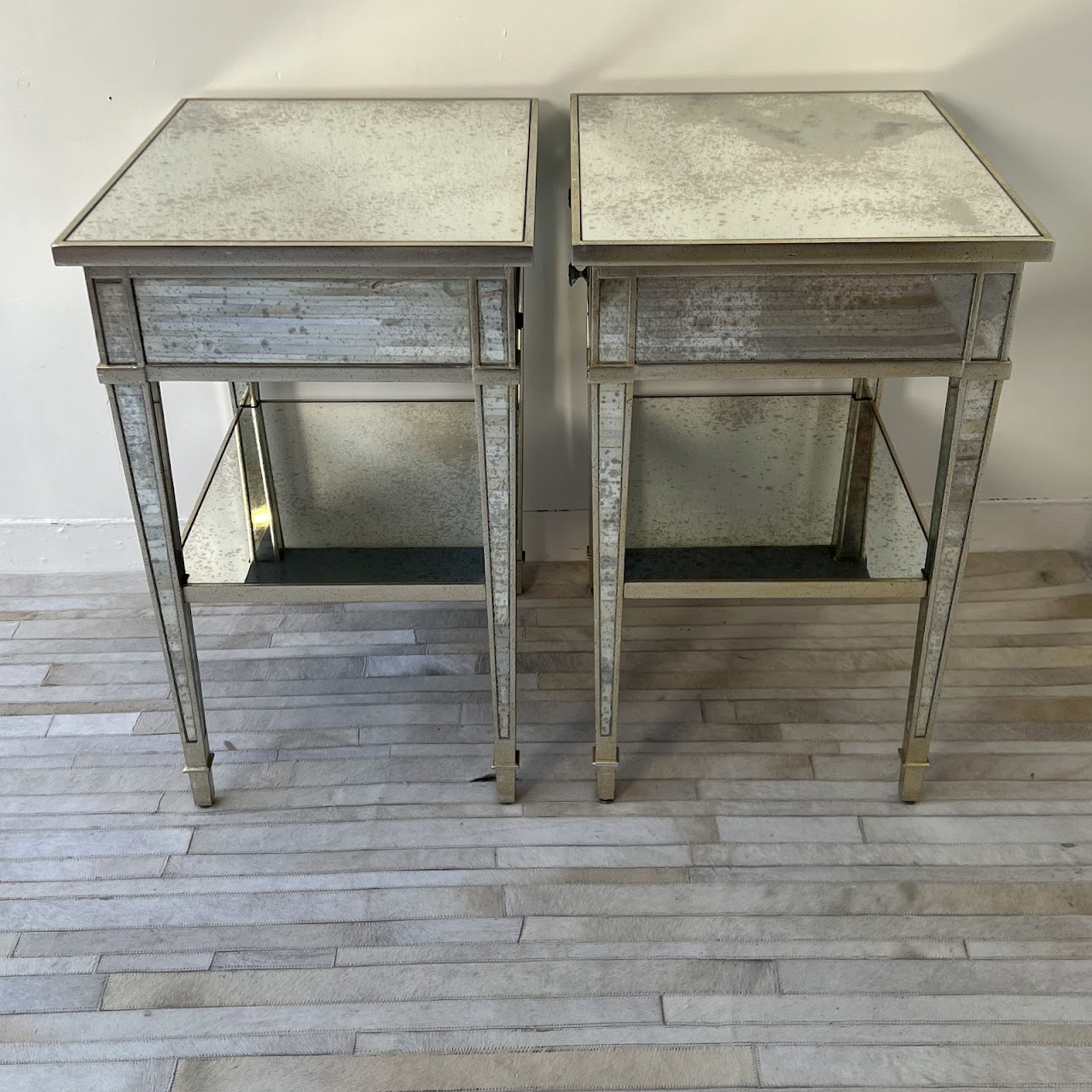 Julia Gray Antiqued Mirrored End Table Pair