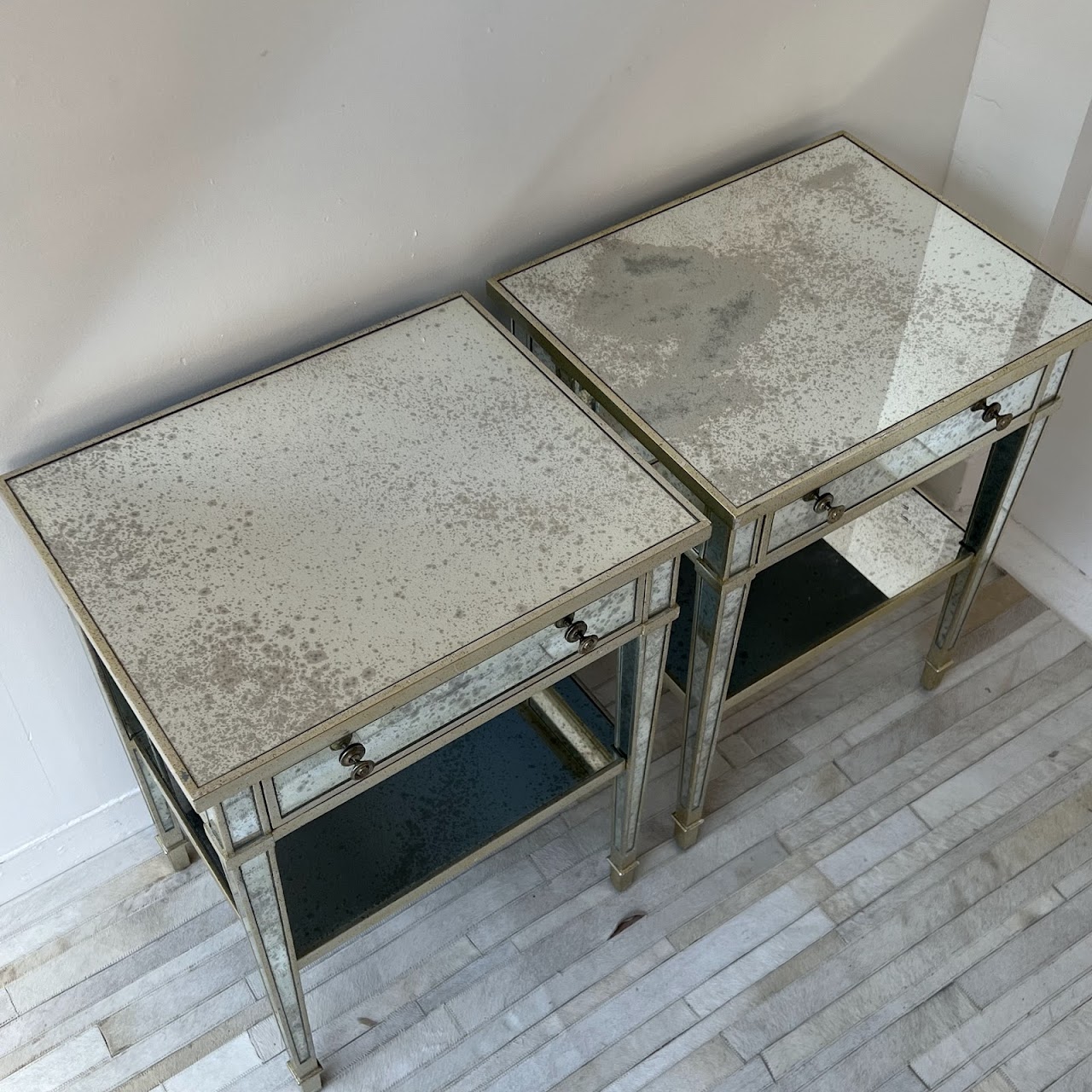 Julia Gray Antiqued Mirrored End Table Pair