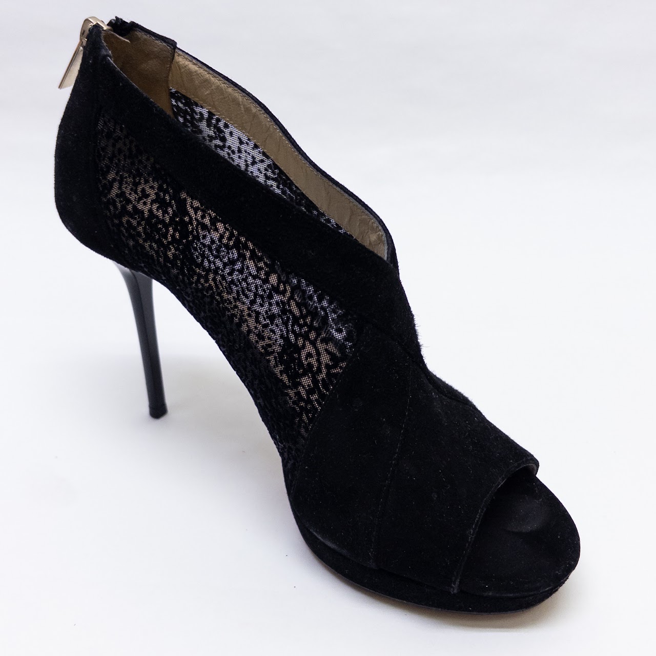 Jimmy Choo Suede and Lace Peep Toe Pumps