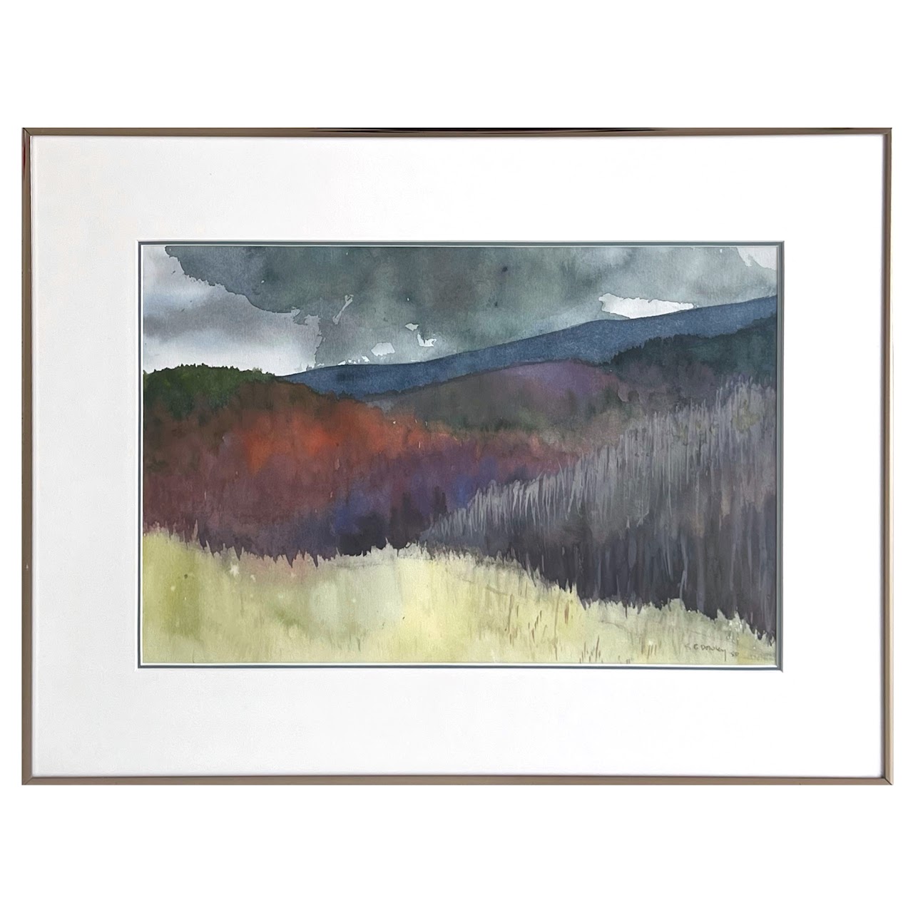 Post-Modernist Signed Watercolor Mountain Landscape Painting