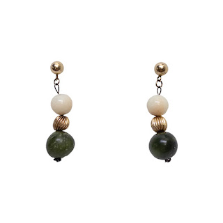 14K Gold, Coral and Jade Earrings