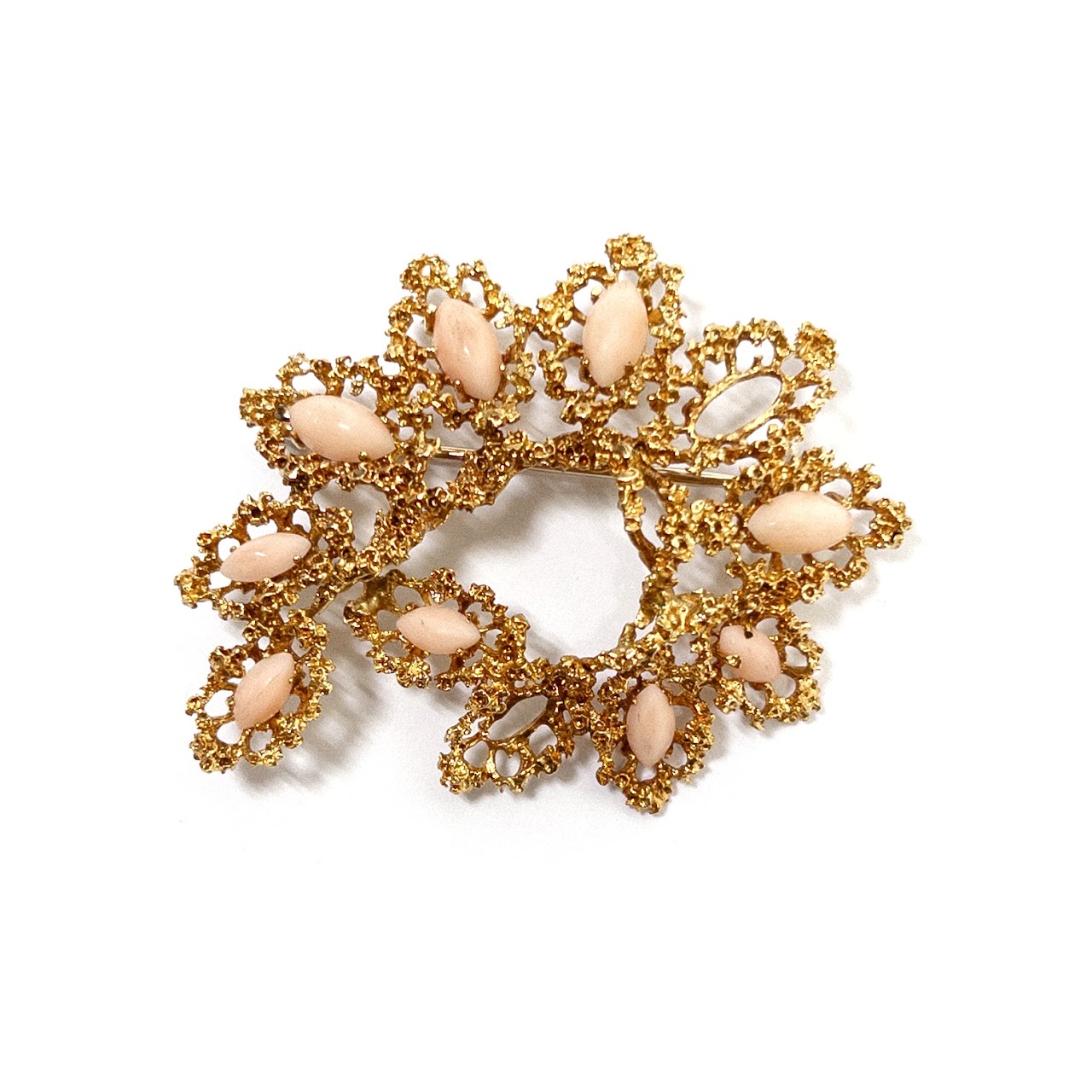 18K Gold and Pink Angel Skin Coral Brooch