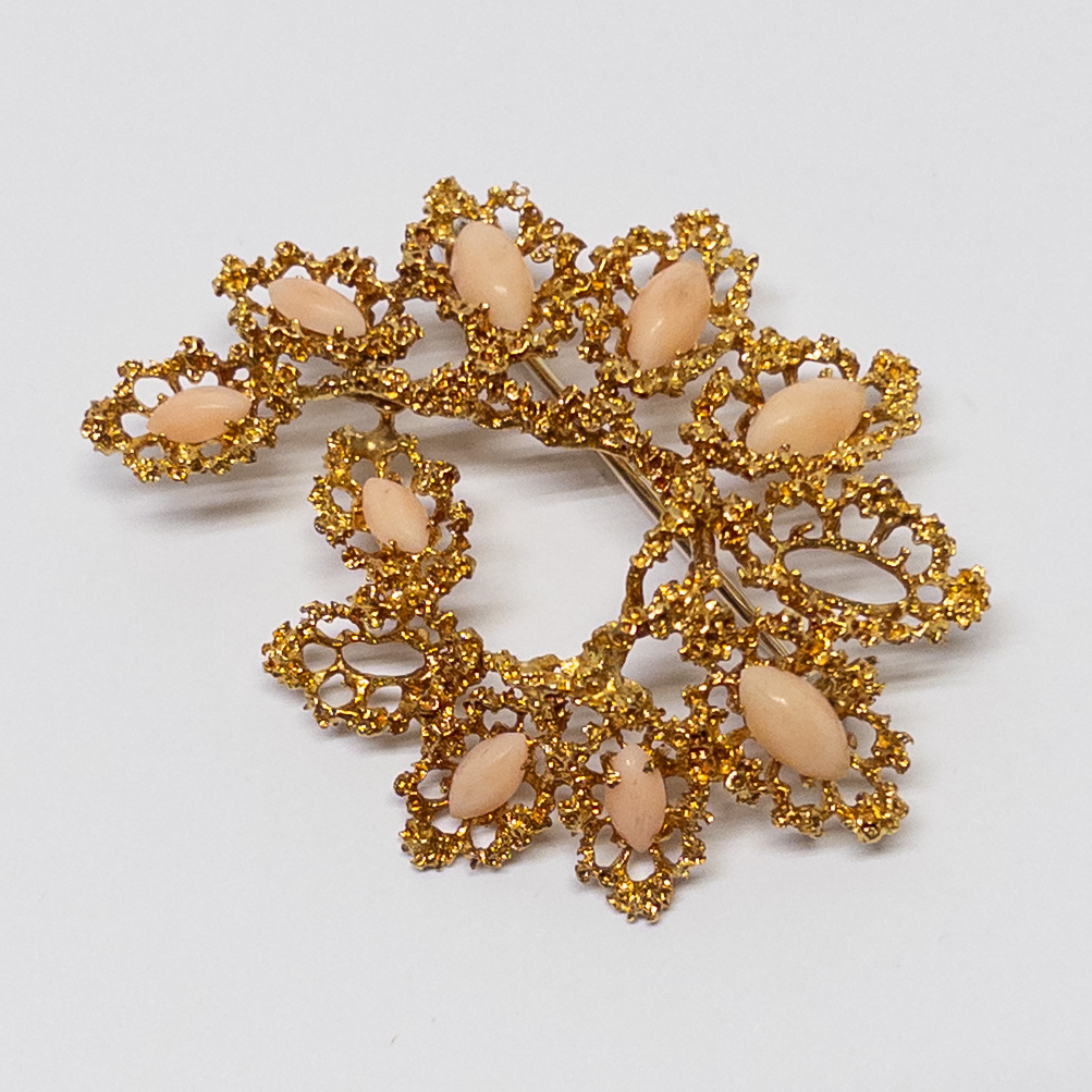 18K Gold and Pink Angel Skin Coral Brooch