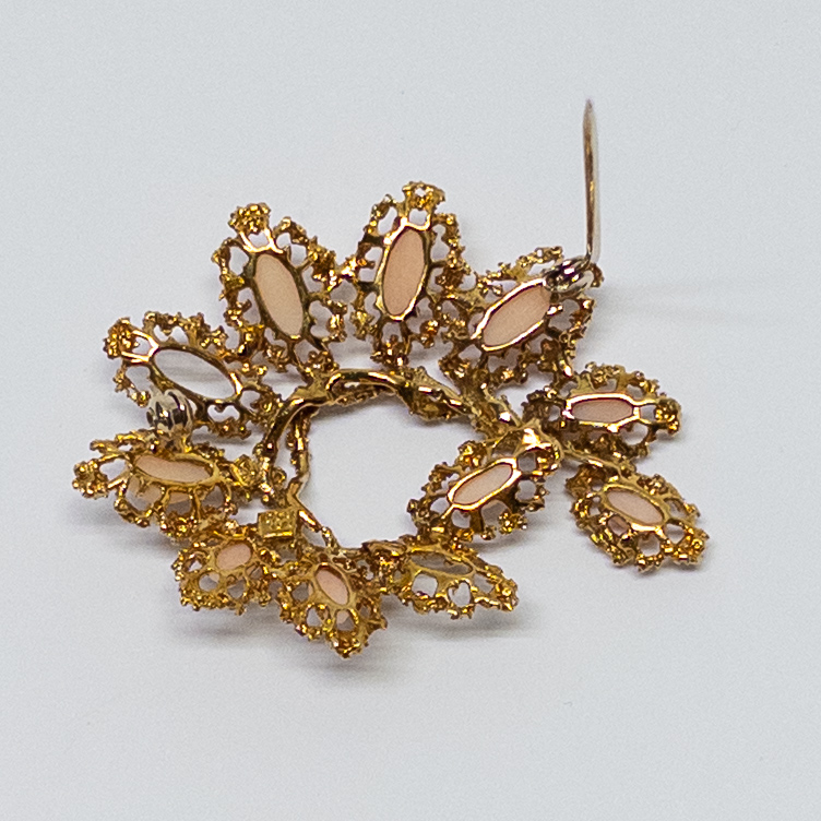 18K Gold and Pink Angel Skin Coral Brooch