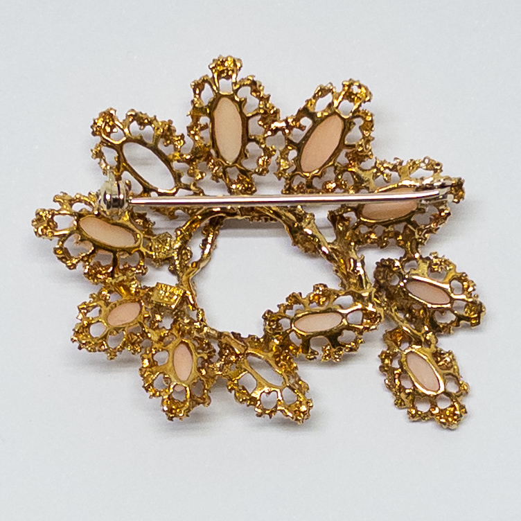 18K Gold and Pink Angel Skin Coral Brooch