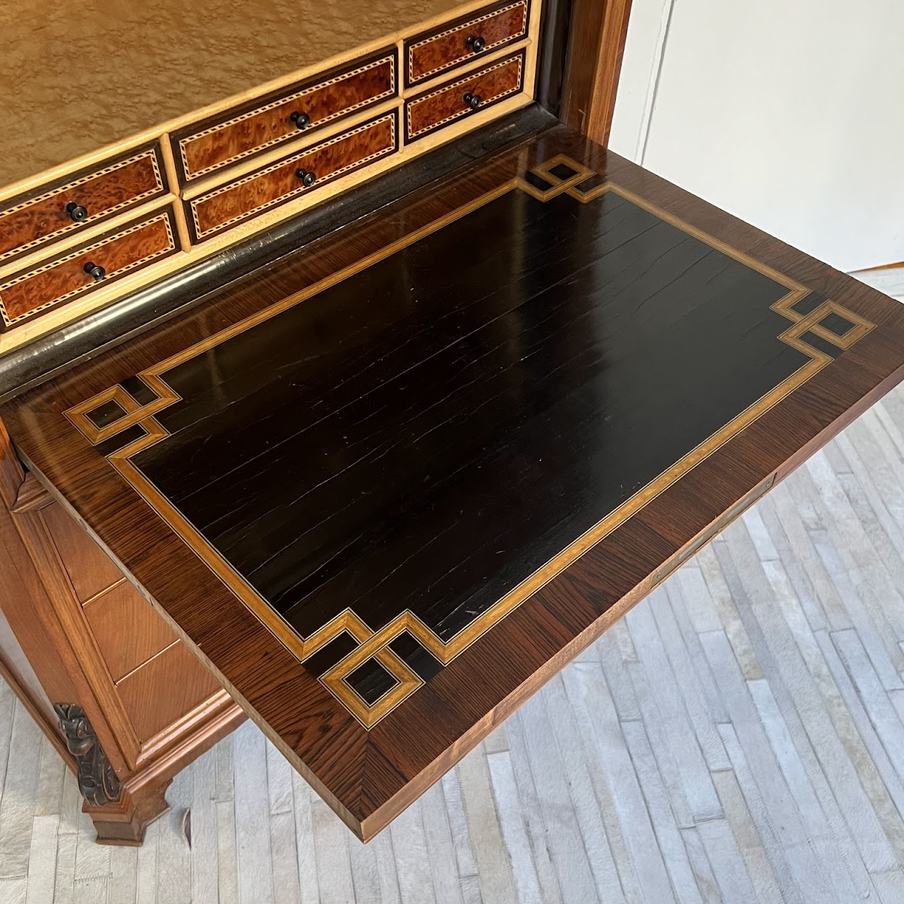 Swiss Antique Walnut and Burl Drop-Front Secretary Desk with Secret Compartments