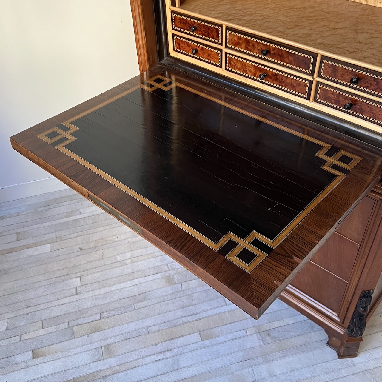 Swiss Antique Walnut and Burl Drop-Front Secretary Desk with Secret Compartments