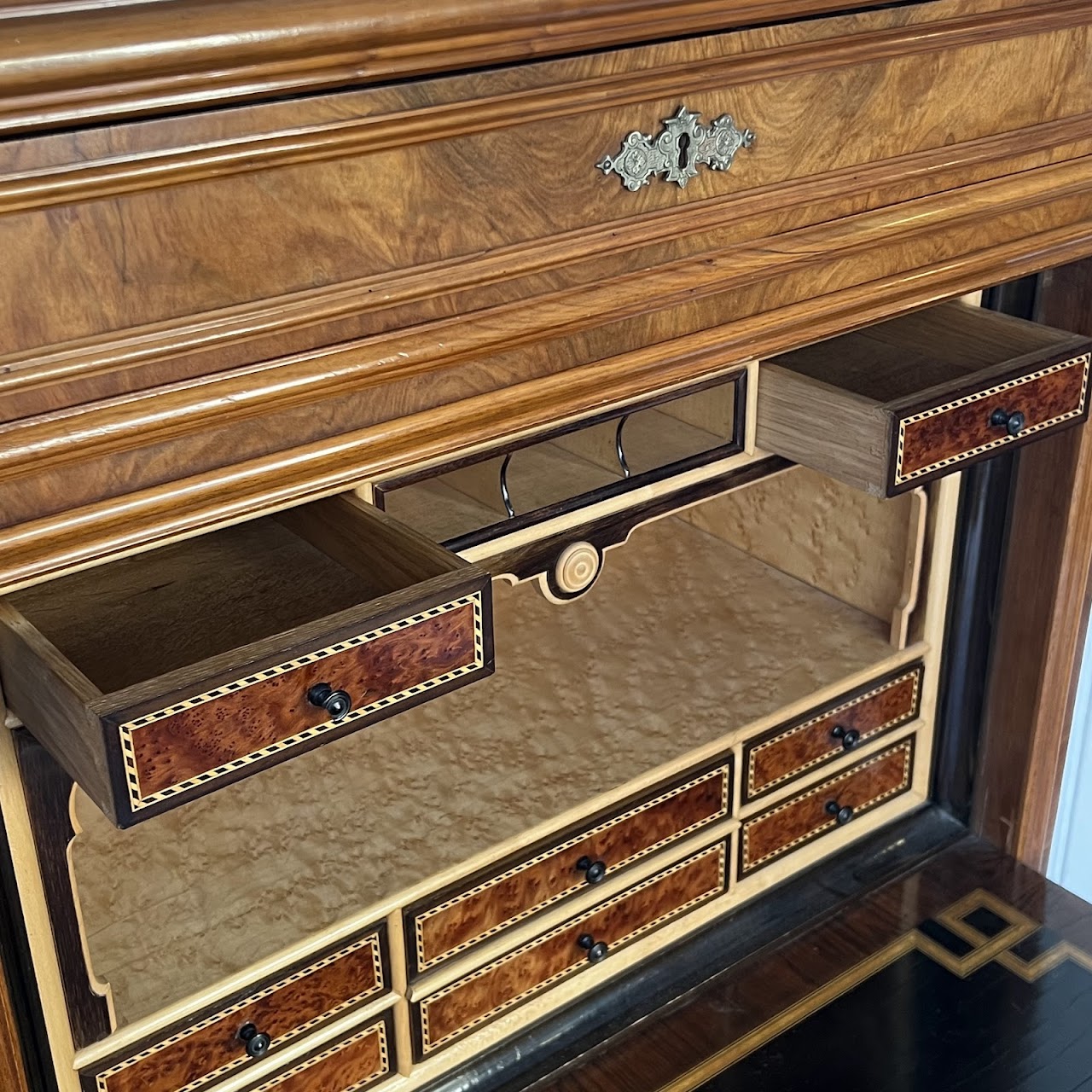 Swiss Antique Walnut and Burl Drop-Front Secretary Desk with Secret Compartments