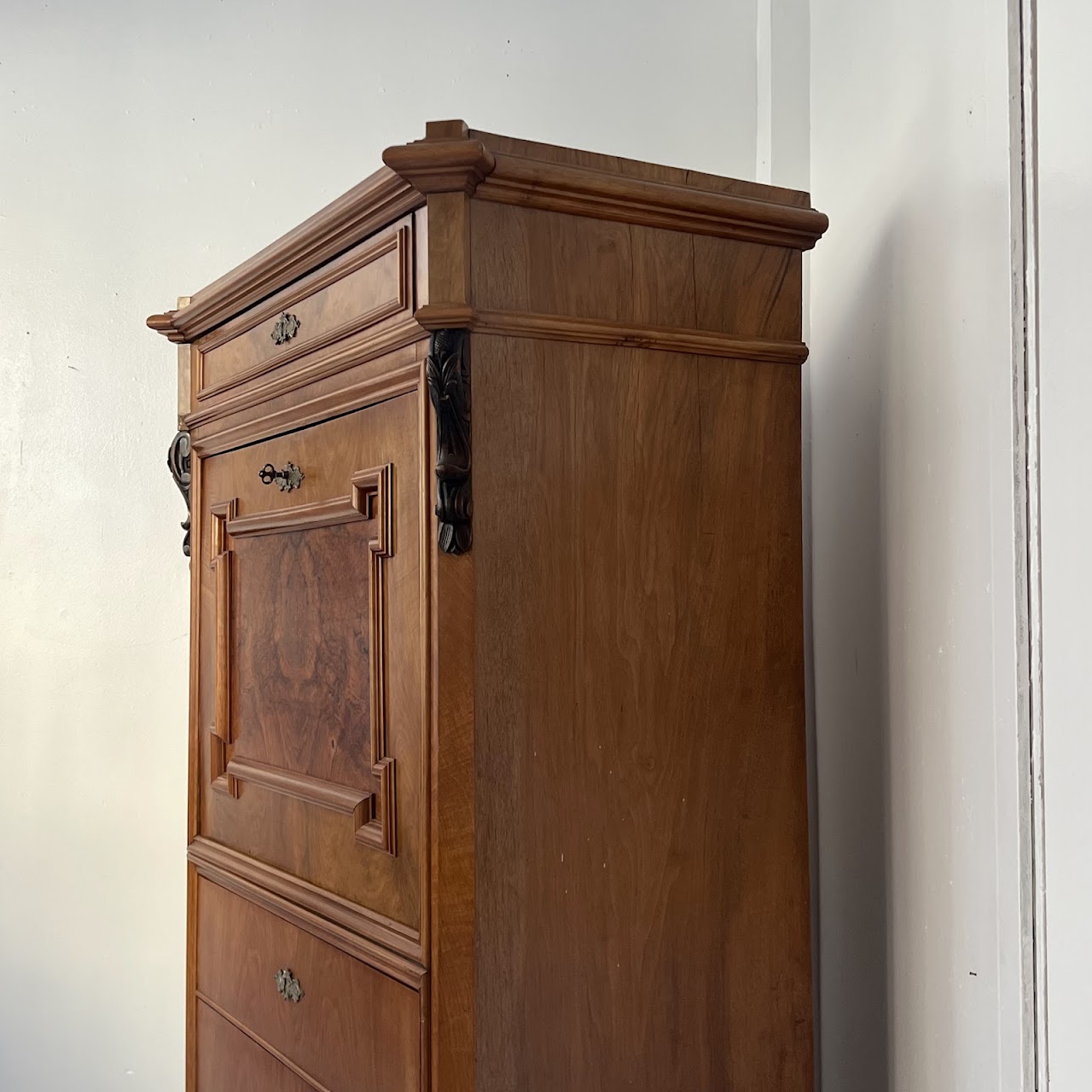 Swiss Antique Walnut and Burl Drop-Front Secretary Desk with Secret Compartments