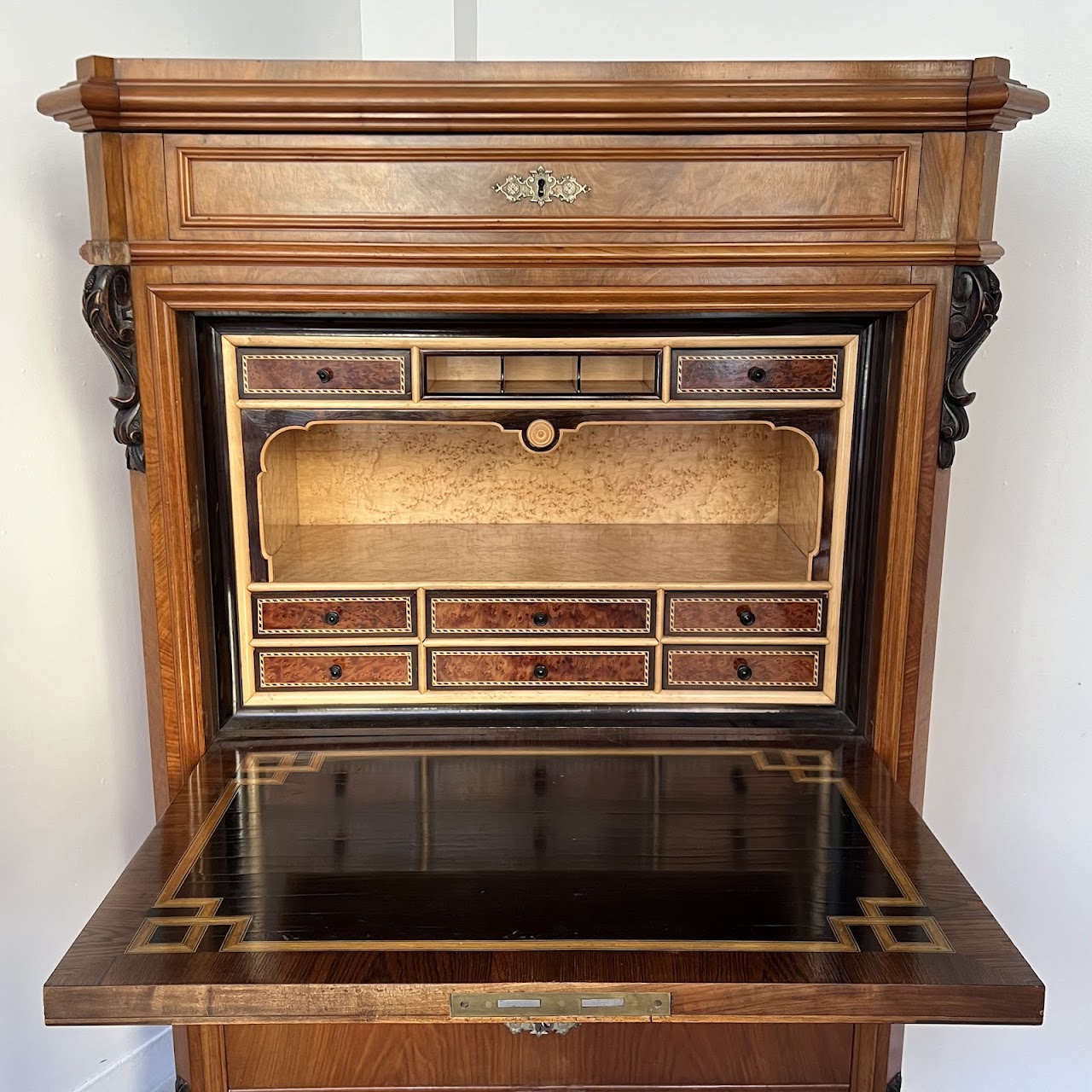 Swiss Antique Walnut and Burl Drop-Front Secretary Desk with Secret Compartments