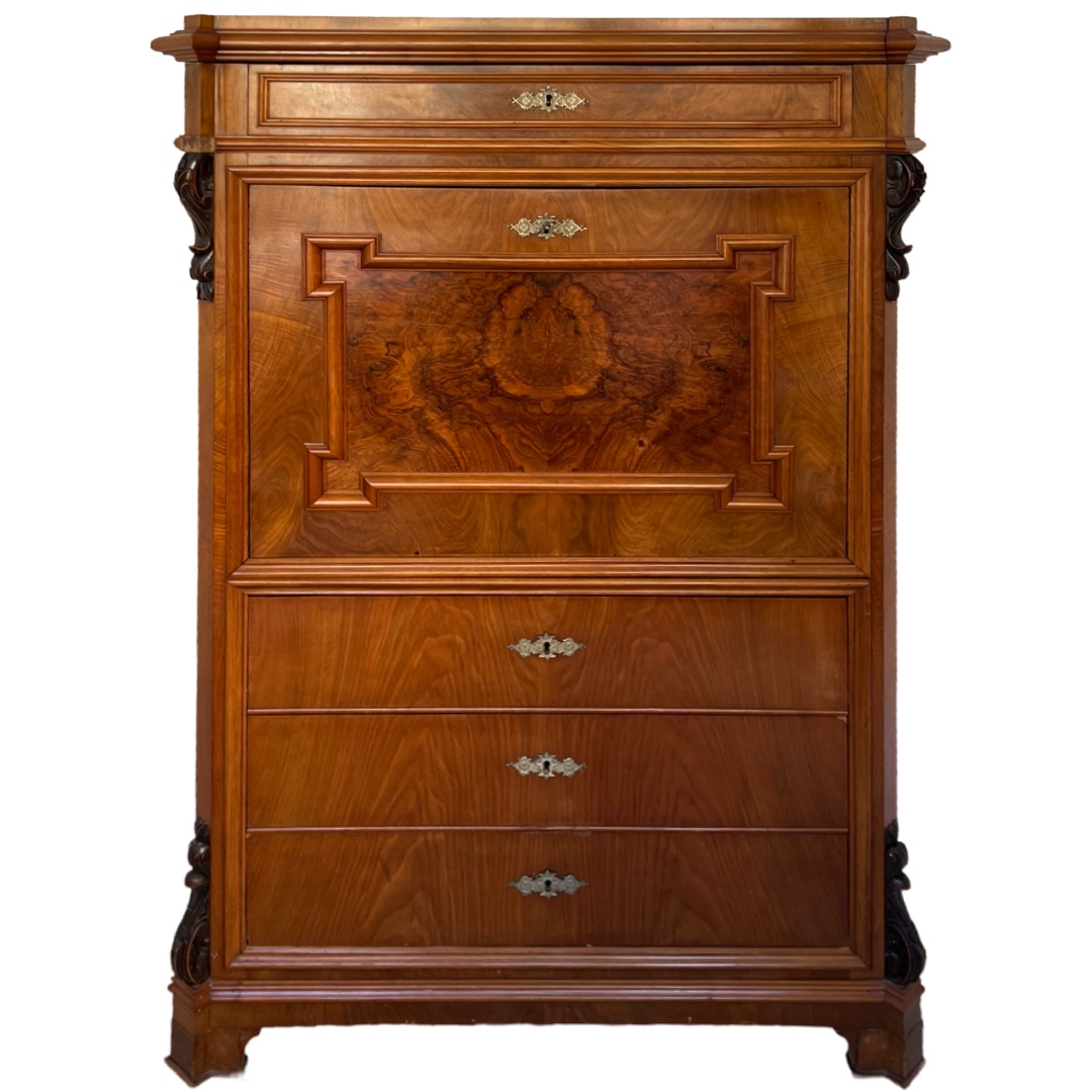 Swiss Antique Walnut and Burl Drop-Front Secretary Desk with Secret Compartments