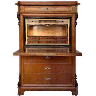 Swiss Antique Walnut and Burl Drop-Front Secretary Desk with Secret Compartments