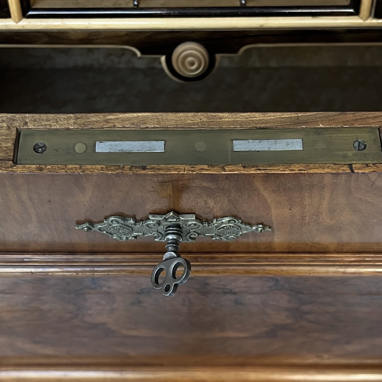 Swiss Antique Walnut and Burl Drop-Front Secretary Desk with Secret Compartments