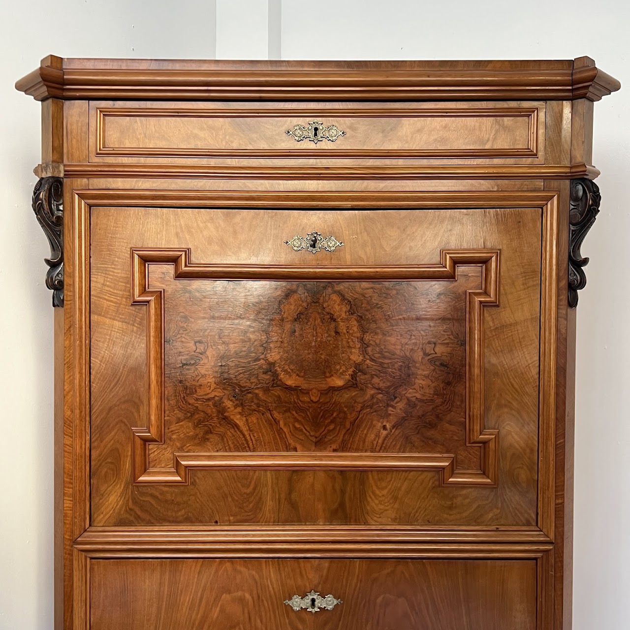 Swiss Antique Walnut and Burl Drop-Front Secretary Desk with Secret Compartments