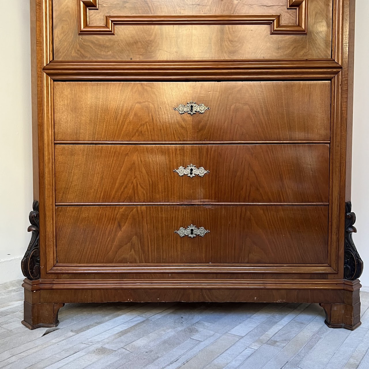 Swiss Antique Walnut and Burl Drop-Front Secretary Desk with Secret Compartments