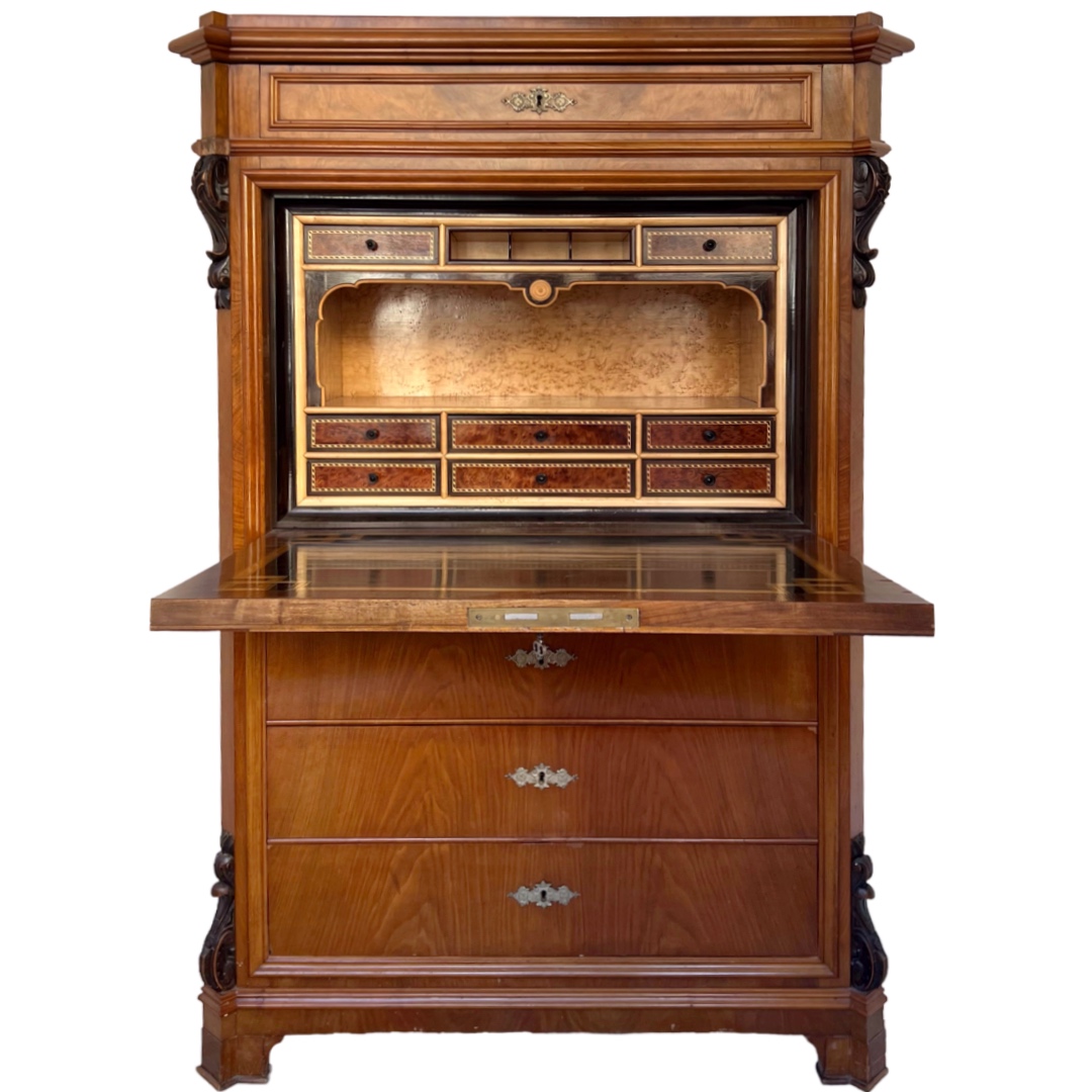 Swiss Antique Walnut and Burl Drop-Front Secretary Desk with Secret Compartments