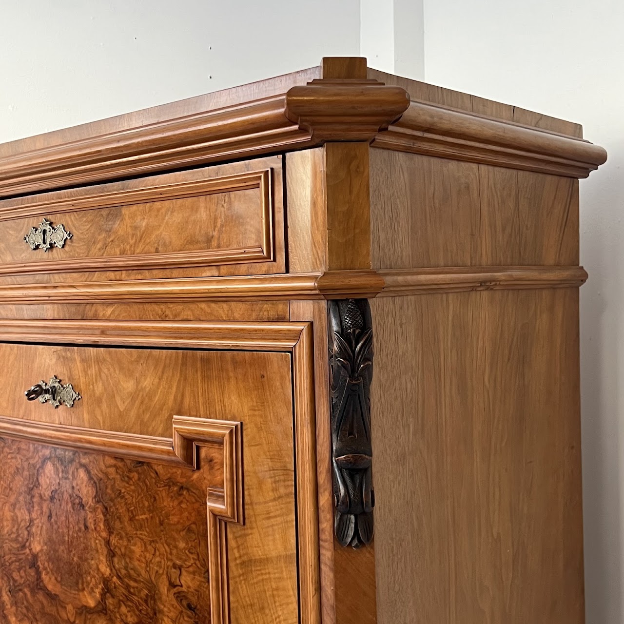 Swiss Antique Walnut and Burl Drop-Front Secretary Desk with Secret Compartments