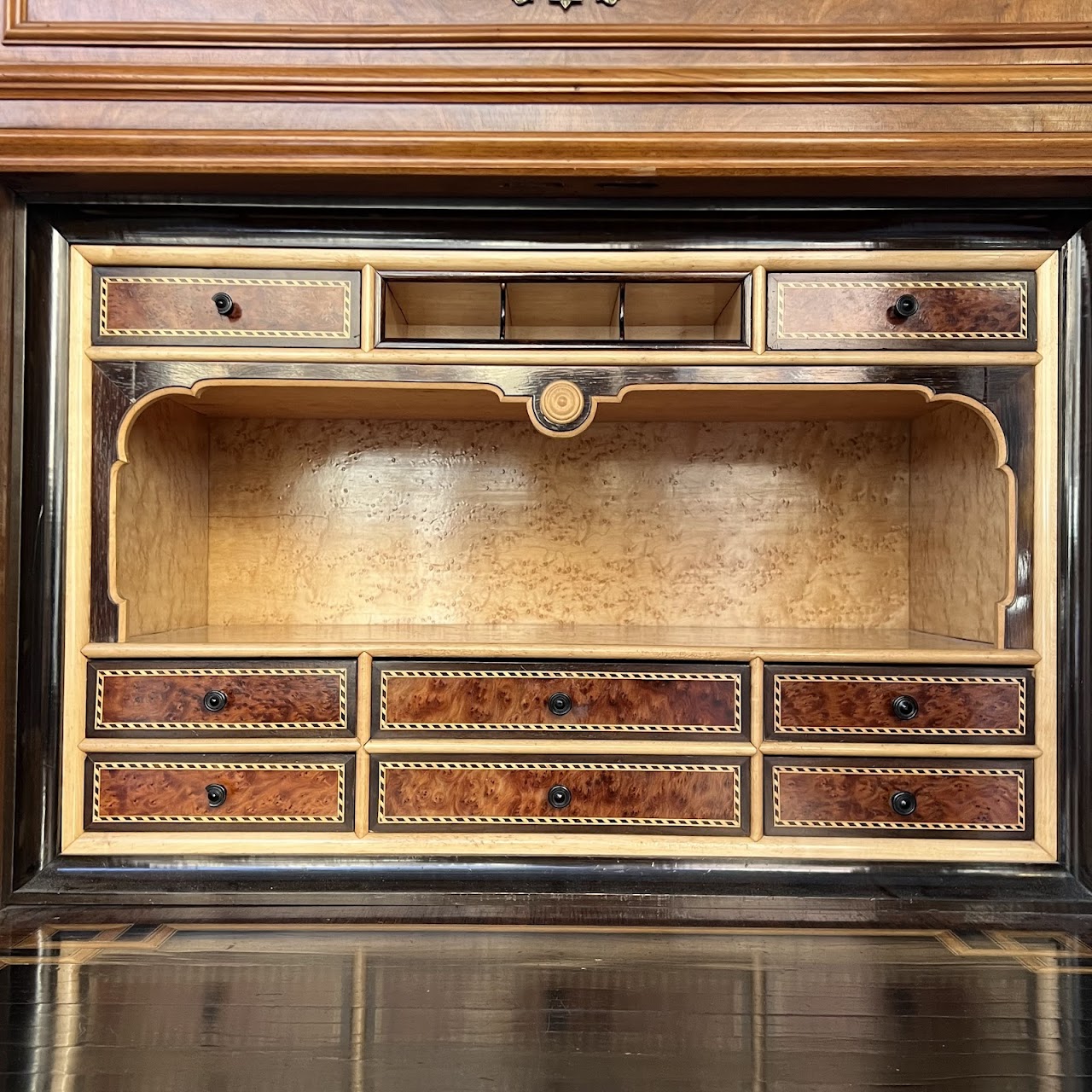 Swiss Antique Walnut and Burl Drop-Front Secretary Desk with Secret Compartments