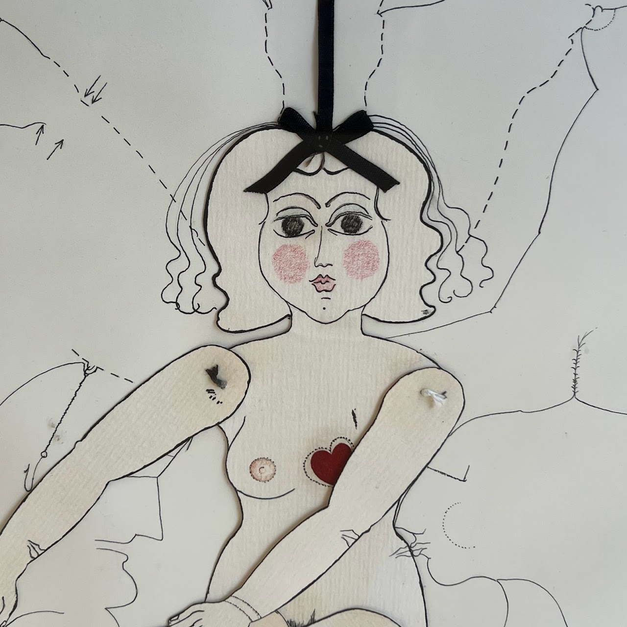 Amaral Signed 'Doll Lady' Ink and Mixed Media Drawing, 1968