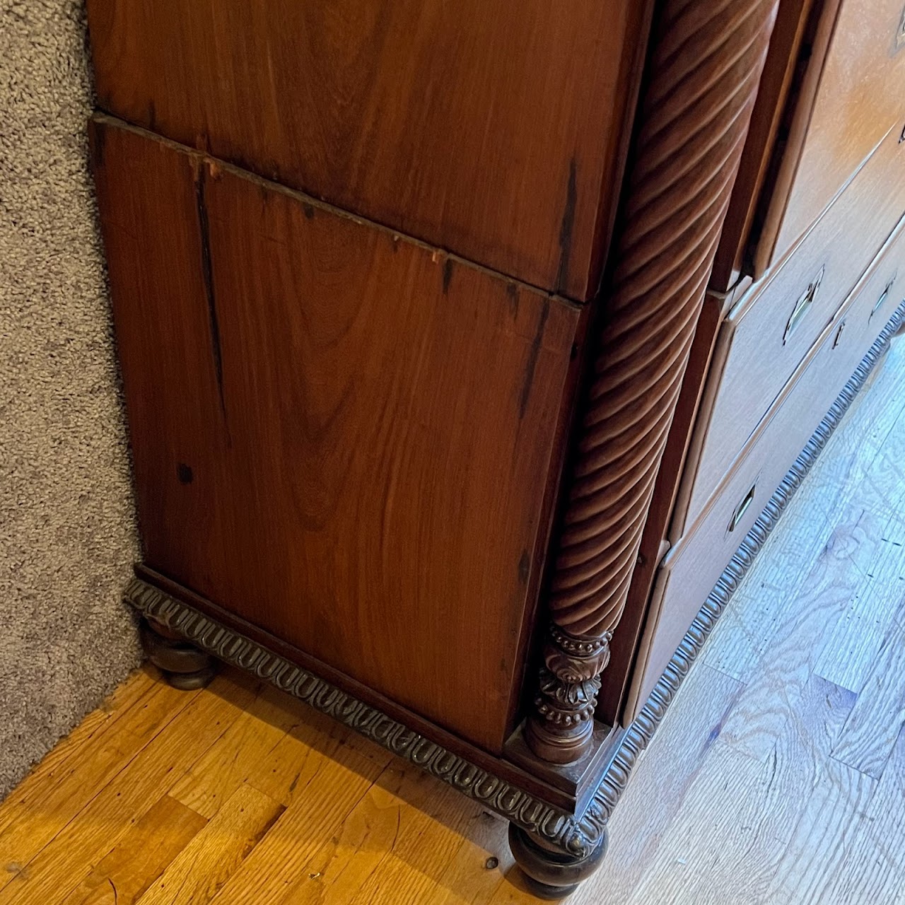 19th C. Anglo-Indian Carved Bookcase Desk with Secret Compartments