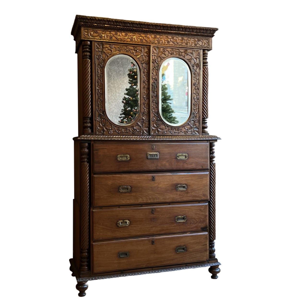 19th C. Anglo-Indian Carved Bookcase Desk with Secret Compartments