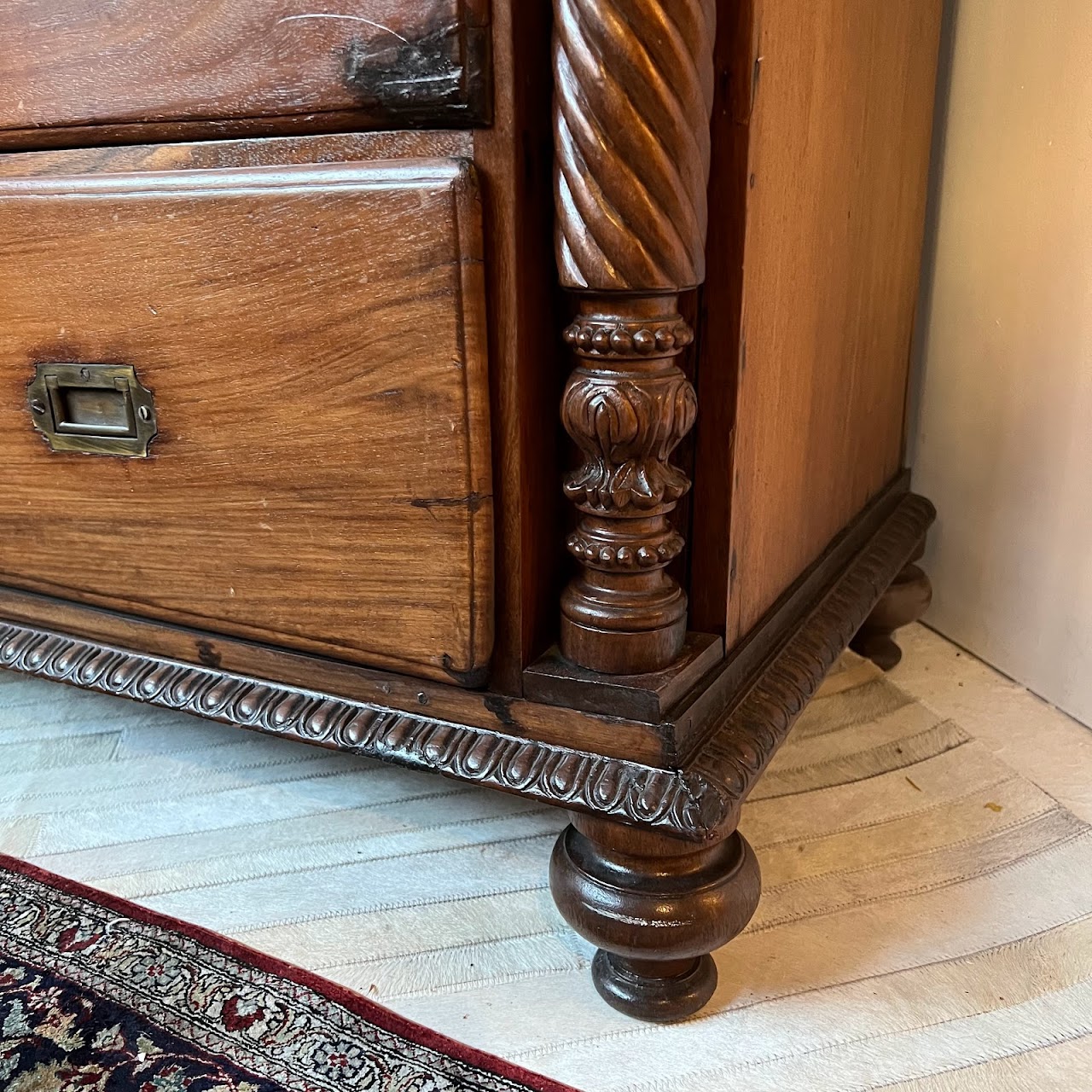 19th C. Anglo-Indian Carved Bookcase Desk with Secret Compartments