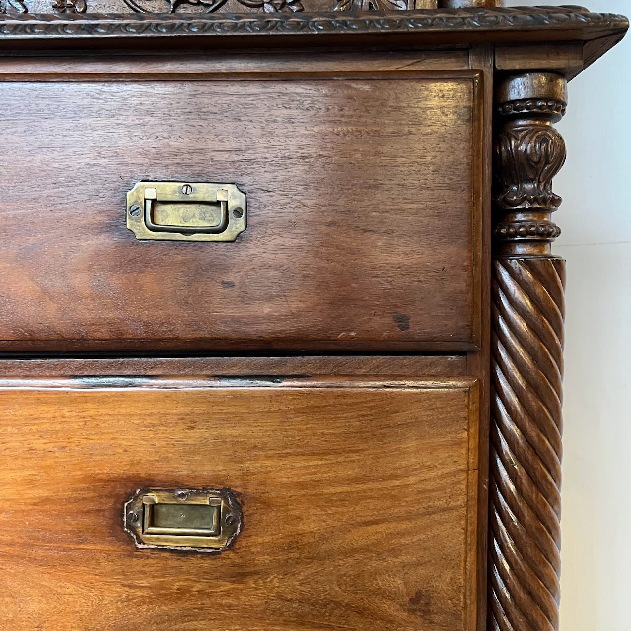 19th C. Anglo-Indian Carved Bookcase Desk with Secret Compartments