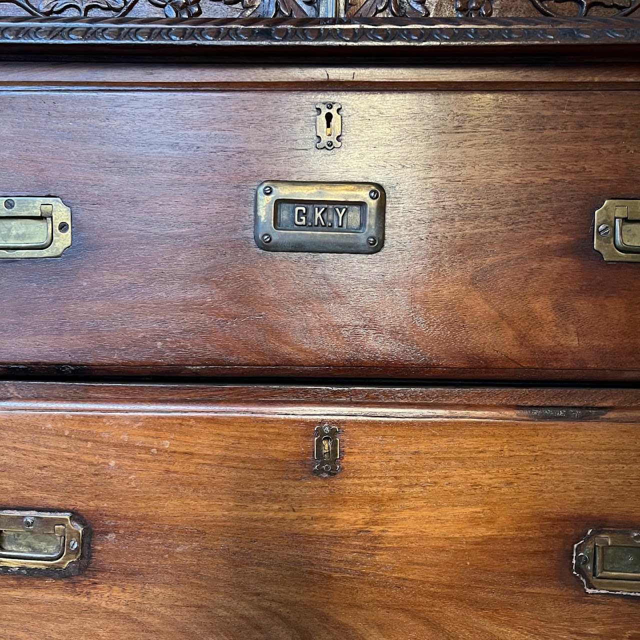 19th C. Anglo-Indian Carved Bookcase Desk with Secret Compartments