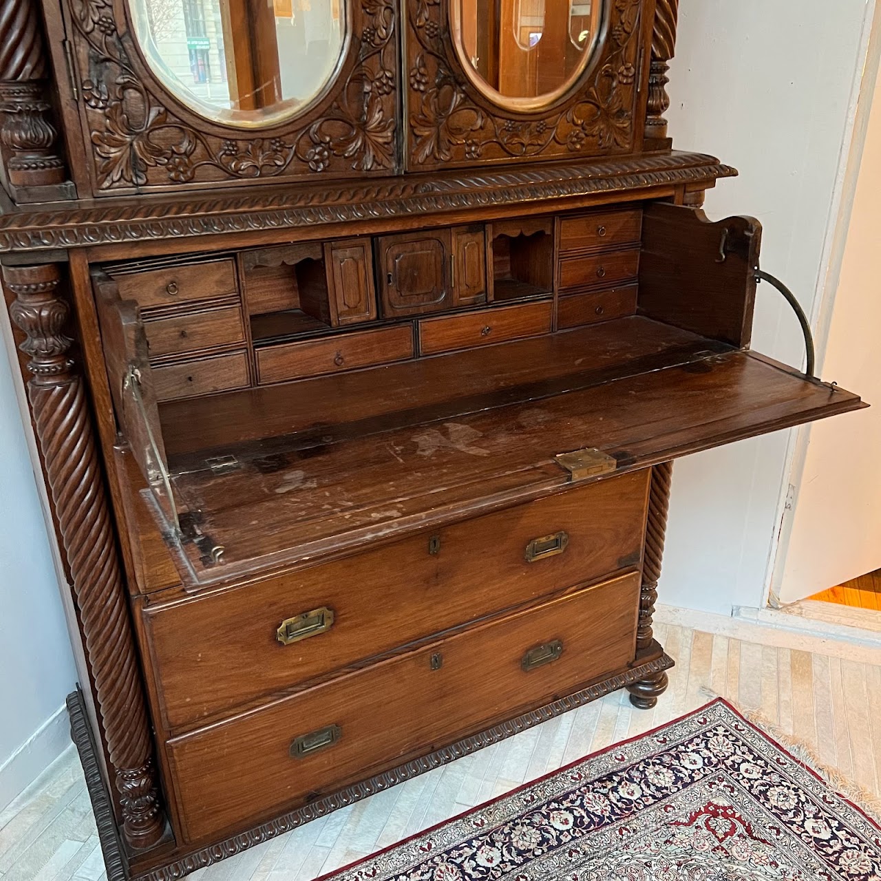 19th C. Anglo-Indian Carved Bookcase Desk with Secret Compartments