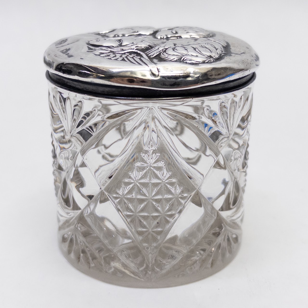 Sterling Silver Cover Top Cut Glass Dresser Jar 3 in. h. x 3.25 in