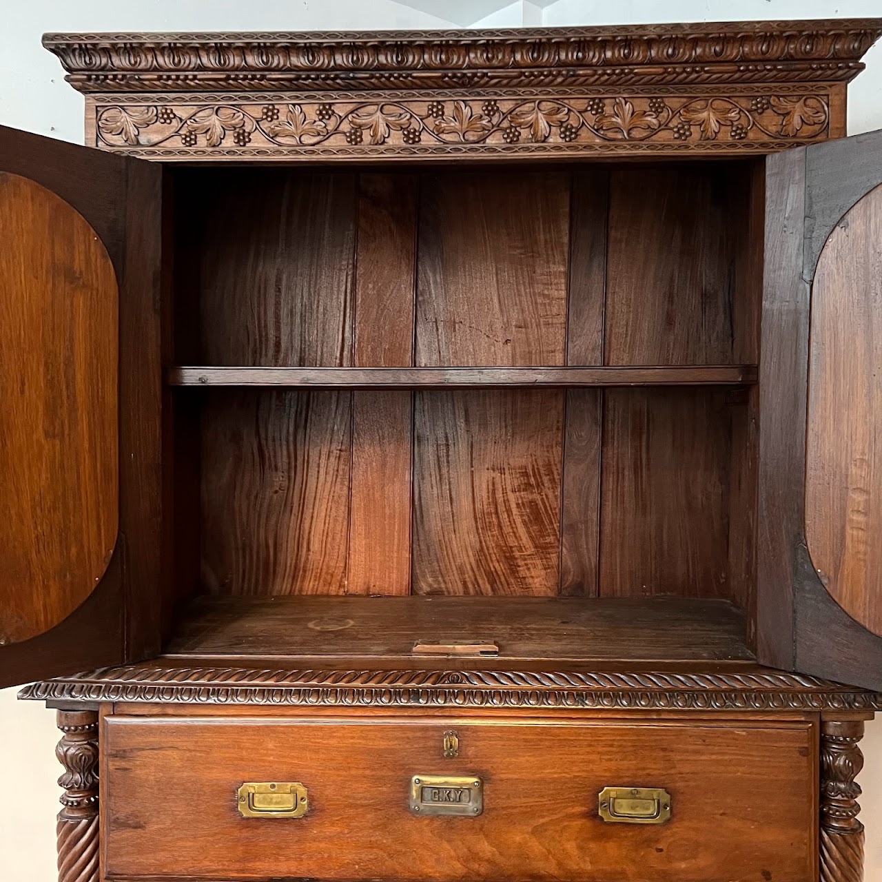 19th C. Anglo-Indian Carved Bookcase Desk with Secret Compartments