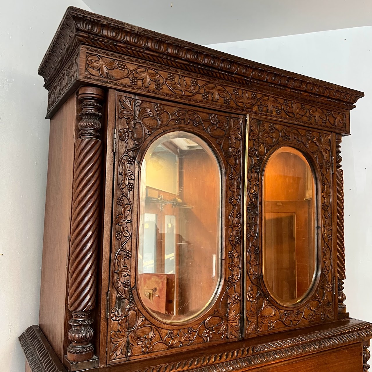 19th C. Anglo-Indian Carved Bookcase Desk with Secret Compartments