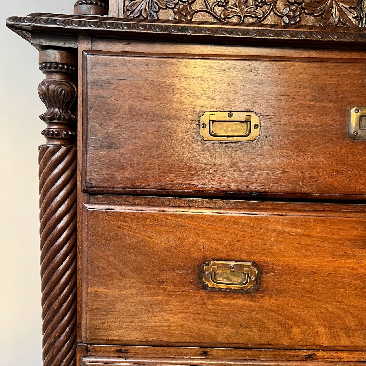 19th C. Anglo-Indian Carved Bookcase Desk with Secret Compartments