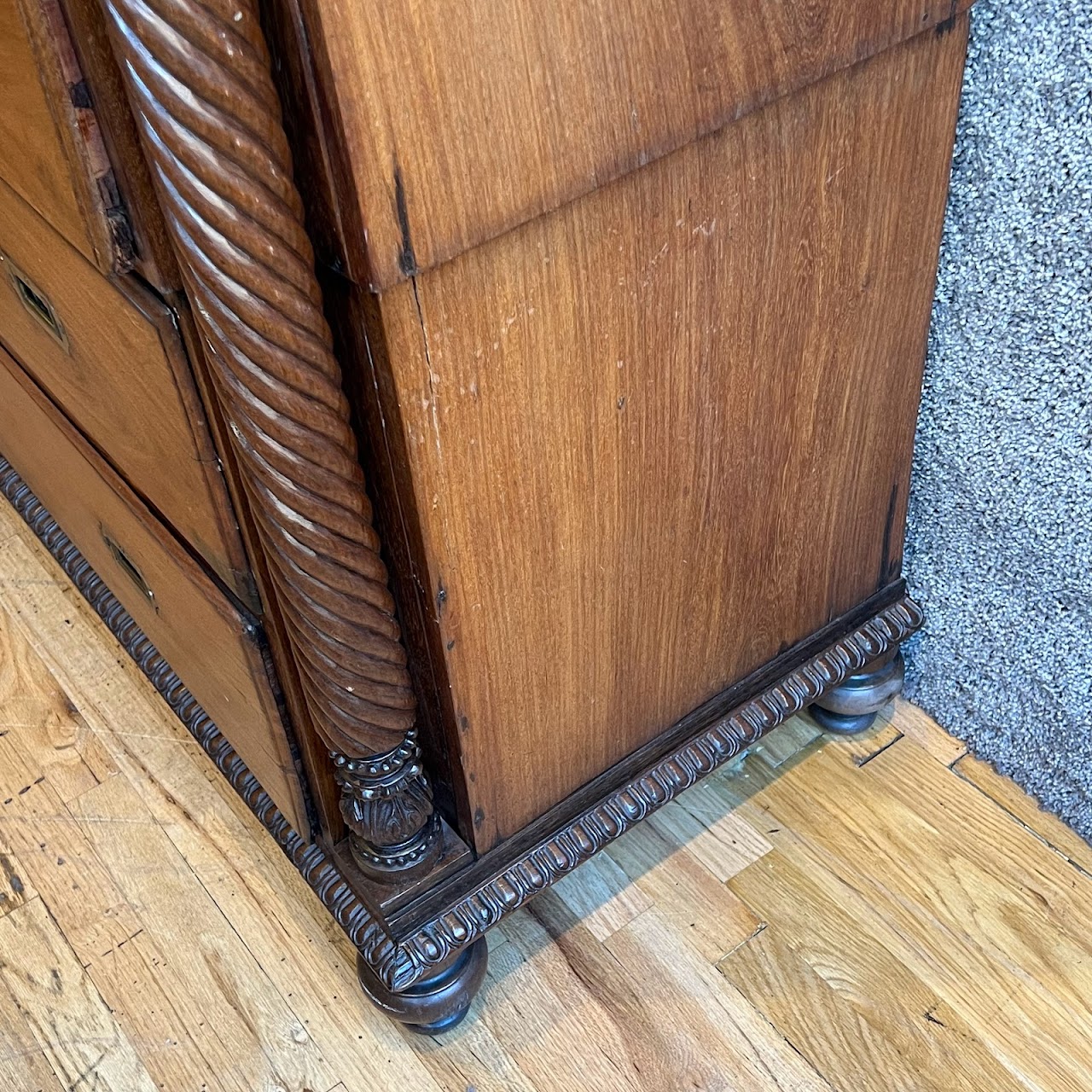 19th C. Anglo-Indian Carved Bookcase Desk with Secret Compartments