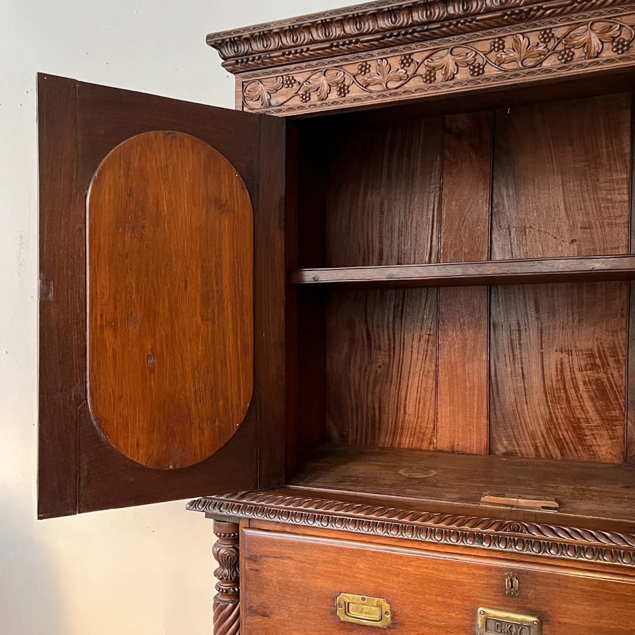 19th C. Anglo-Indian Carved Bookcase Desk with Secret Compartments